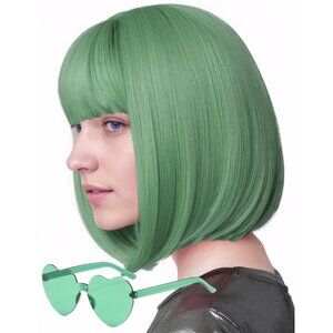 Women's Mint Green 12 Inch Costume Cosplay Party Short Bob Wigs And Sunglass